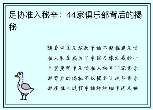 足协准入秘辛：44家俱乐部背后的揭秘