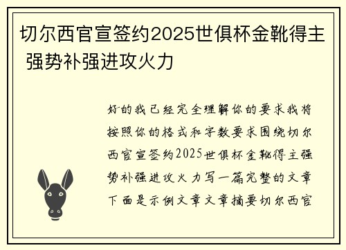 切尔西官宣签约2025世俱杯金靴得主 强势补强进攻火力