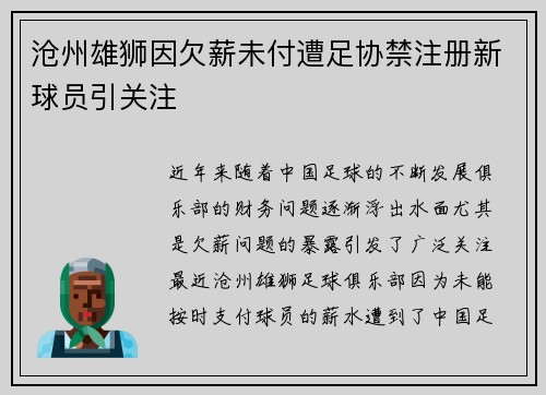 沧州雄狮因欠薪未付遭足协禁注册新球员引关注